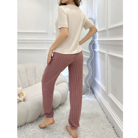 Women Casual Pajama Set Heart Pattern Striped Ribbed Knitted Short Sleeve Top And Long Pants Lounge Soft Nightwear Loungewear