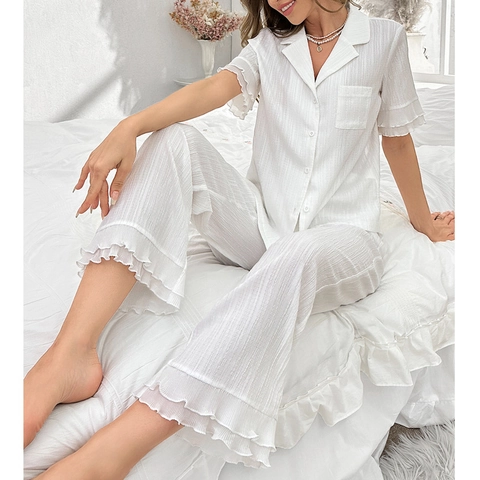 Damen Kurzarm Revers Knöpfe Schlafanzug-Set Rüschensaum Lange Hose Crepe-Textur Off-White Atmungsaktiv Lounge-Set