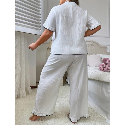 Ensemble Pyjama Femmes Grande Taille Col en V à Nouer Haut Manches Courtes et Pantalon Long Blanc Ensemble Deux Pièces