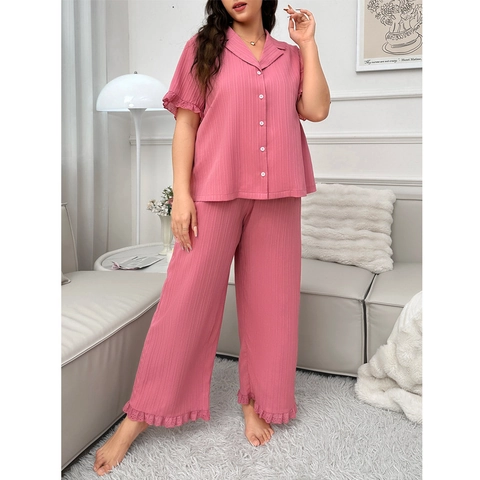 Damen Übergröße Loungewear Geripptes Kurzarm Revers Oberteil Und Lange Hose Mit Spitzenbesatz Schlafanzug Hausanzug