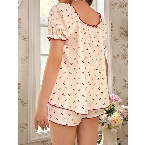Ensemble Pyjama Femme Imprimé Cerise Mélange de Coton Top Et Short Doux Manches Courtes Nœud Volant Bordure Été Nuit