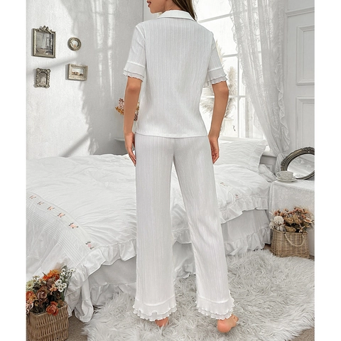 Damen Kurzarm Revers Knöpfe Schlafanzug-Set Rüschensaum Lange Hose Crepe-Textur Off-White Atmungsaktiv Lounge-Set