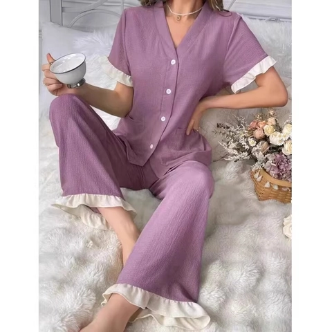 Women Casual Pajama Set V-Neck Button Down Short Sleeve Top And Long Pants Ruffle Trim Contrast Color Loungewear Home Wear