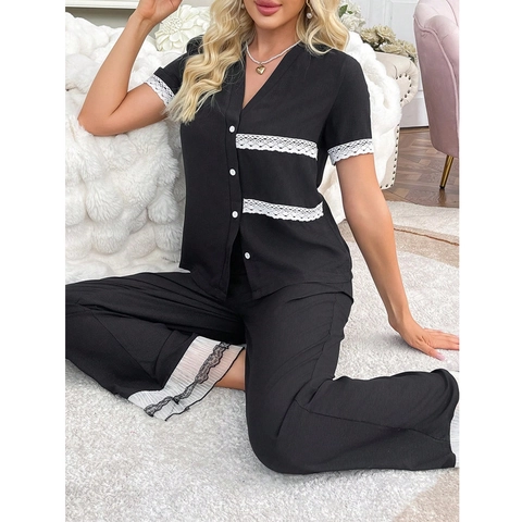 Conjunto de Pijama Casual con Encaje para Mujer Cuello en V Top de Manga Corta con Botones y Pantalones Largos Cómodo Transpirable