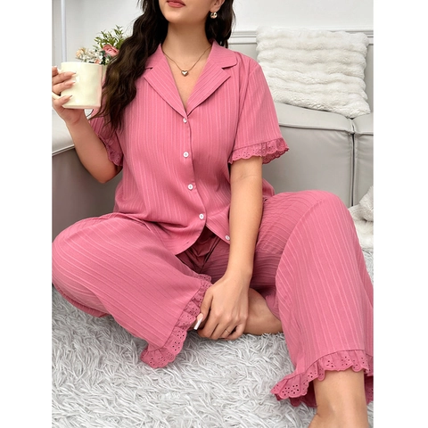 Damen Übergröße Loungewear Geripptes Kurzarm Revers Oberteil Und Lange Hose Mit Spitzenbesatz Schlafanzug Hausanzug
