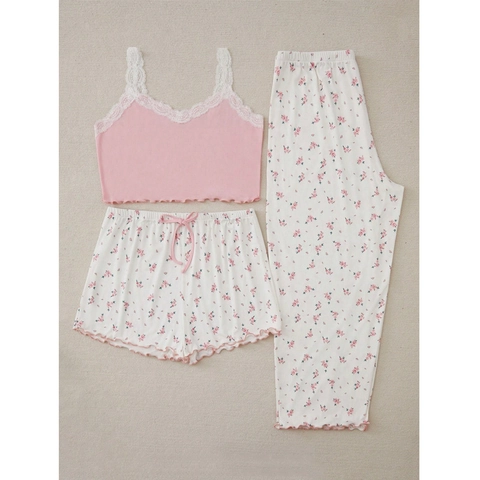 Ensemble de Détente Femme Grande Taille Rose Floral Côtelé Camisole Dentelle Short Et Pantalon Pyjama