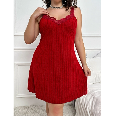 Women Plus Size Sexy Lace Trim Slip Dress V Neck Ribbed Knit Red Nightgown Sleeveless Sleepwear Loungewear Dress