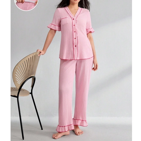 Pigiama Premaman Rosa Top Manica Corta E Pantaloni Lunghi Orlo Con Volant Tessuto Seersucker Abbigliamento Casa Per Donna