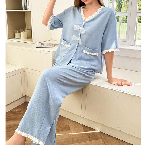 Sweet V-Neck Ruffle Cotton Blend Pajamas Top And Bottom Light Blue Bow Short Sleeve Full Length Loungewear For Women
