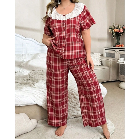 Damen Übergröße Rot Kariertes Schlafanzug Oberteil Und Lange Hose Spitze Peter Pan Kragen Knöpfe Kurzarm Gingham Nachtwäsche