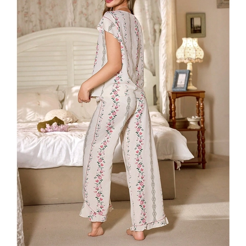 Conjunto de Pijama Floral Dulce Para Mujer Mezcla de Algodón Top de Manga Corta Y Pantalón Largo Ropa de Dormir Vintage