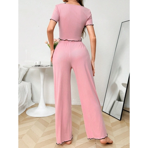 Women Loungewear Ribbed Knit Top And Camisole And Wide Leg Pants Lace Trim Sweet Sexy Style Home Wear Sleepwear