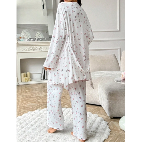 Pigiama Premaman da Donna Canotta Vestaglia E Pantaloni Rosa Floreale a Costine Pizzo Abbigliamento da Casa Comfort Gravidanza