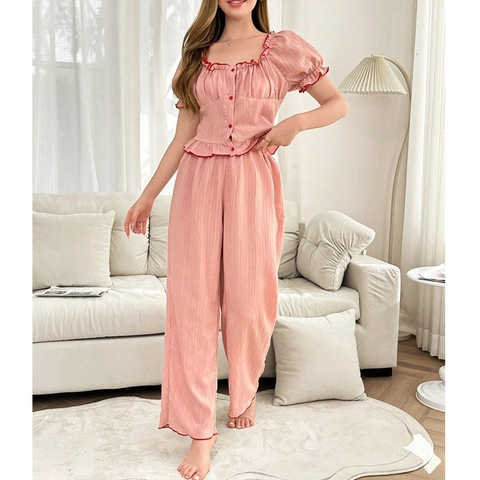 Women Sweet Pink Pajama Set Square Neck Ruffle Trim Puff Sleeve Top And Wide Leg Pants Two Piece Loungewear Set