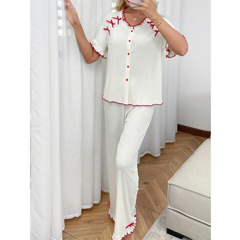 Ensemble de Pyjama Côtelé pour Femmes Bordure à Volants Haut à Manches Courtes Boutonné Et Pantalon Long Vêtements de Nuit Doux Avec Nœud
