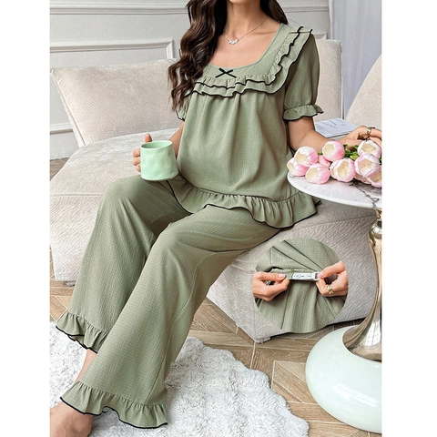 Completo Pigiama Premaman da Donna Estate Top a Maniche Corte E Pantaloni Lunghi Volant Scollo Quadrato Casa Verde