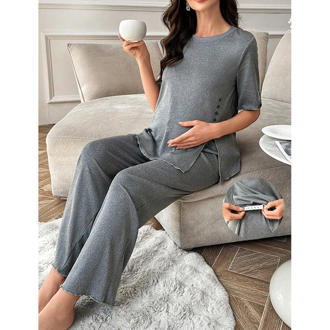 Damen Umstands-Lounge-Set Baumwollmischung Kurzarm-Oberteil Und Lange Hose Mit Verstellbarer Taille Casual Pyjama-Set