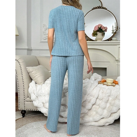 Abbigliamento da Casa Premaman per Donna in Maglia a Costine Top a Manica Corta E Pantaloni Lunghi Con Vita Regolabile Stampa Lettere