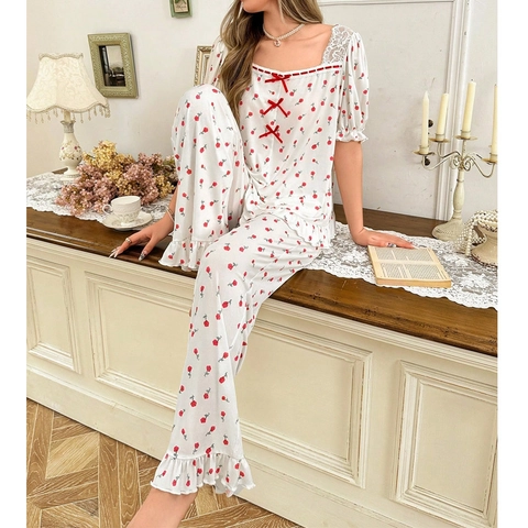 Women Sweet Floral Pajama Set Lace Square Neck Short Sleeve Top And Long Pants Two Piece Sleepwear With Bow Decoration