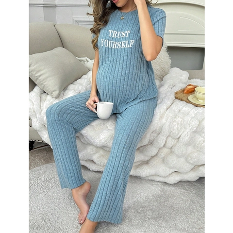 Abbigliamento da Casa Premaman per Donna in Maglia a Costine Top a Manica Corta E Pantaloni Lunghi Con Vita Regolabile Stampa Lettere
