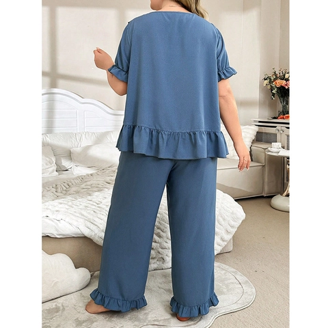 Women Plus Size Pajama Set Lace V-Neck Short Sleeve Top And Long Pants Waffle Knit Ruffle Trim Loungewear Set Sleepwear