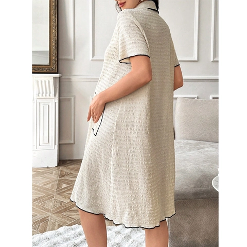Vestido de Maternidad de Lactancia para Mujer Manga Corta Solapa Botones Seersucker Ropa de Descanso Con Ribete en Contraste
