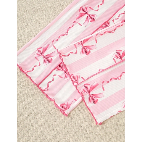 Damen Süß Camisole Shorts Und Hosen Loungewear Rosa Weiß Vertikal Gestreift Schleifendruck Rippstrick Nachtwäsche Haus