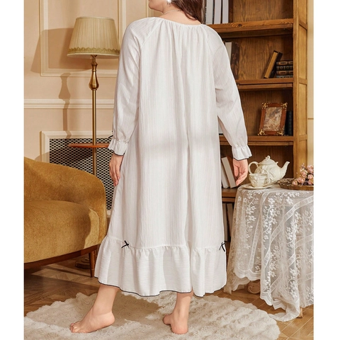 Camicia da Notte Donna Taglie Forti Manica Lunga Misto Cotone Fiocco Volant Girocollo Ampio Maxi Vestaglia Dolce Pigiama