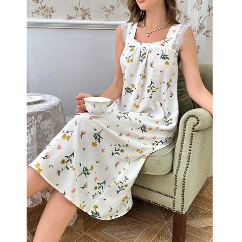 Women Floral Sleeveless Nightgown Square Neck Lace Patchwork Summer Sleepwear Sweet Home Dress For Lady Comfortable Loungewear