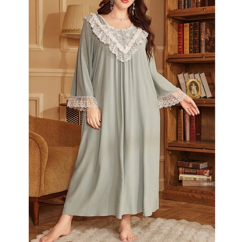 Camicia da Notte Donna Taglie Forti Manica Lunga Pizzo Scollo a V Larga Modal Pigiameria Retro Verde Salvia Casa Vestito