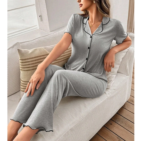 Damen Casual Baumwollmischung Schlafanzug Set Kurzarm Revers Strickjacke Oberteil Und Lange Hose Hausanzug