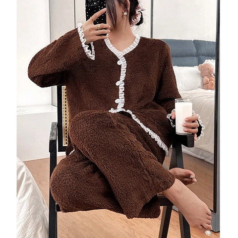 Damen Plüsch Schlafanzug Set Dick Warm Flanell Hausanzug Mit Spitzenbesatz V-Ausschnitt Langarm Knopfleiste Top Und Hose Für Winter