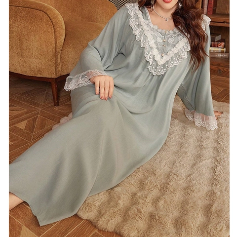 Camicia da Notte Donna Taglie Forti Manica Lunga Pizzo Scollo a V Larga Modal Pigiameria Retro Verde Salvia Casa Vestito