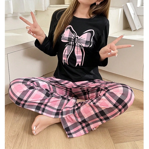 Pigiama da Donna con Stampa Fiocco Dolce T-Shirt a Maniche Lunghe e Pantaloni a Quadri Abbigliamento da Casa Casual Comodo