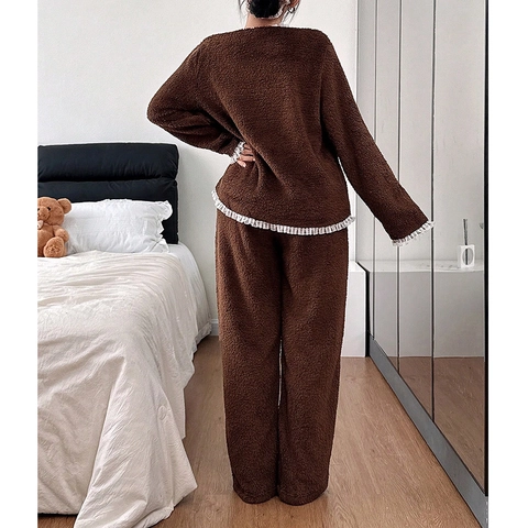 Damen Plüsch Schlafanzug Set Dick Warm Flanell Hausanzug Mit Spitzenbesatz V-Ausschnitt Langarm Knopfleiste Top Und Hose Für Winter