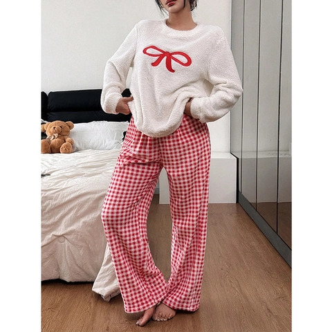 Damen Plüsch Dick Warm Pyjama Rundhals Langarm Bogen Bestickt Top Und Rote Karierte Hose Hausanzug