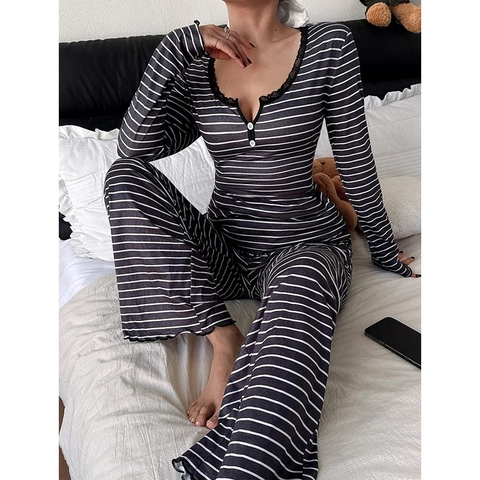 Damen Gestreifter Schlafanzug-Set Spitze Rundhals Langarm Oberteil Und Lange Hose Weicher Strick Loungewear Süßes Lässiges Nachtwäsche-Set