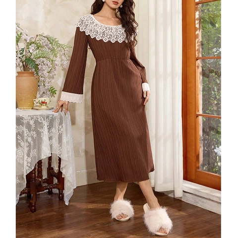 Damen Vintage Elegant Spitzen Peter-Pan-Kragen Langarm Nachthemd Kaffeebraun Plissee-Textur Locker Schlafanzug Hauskleid
