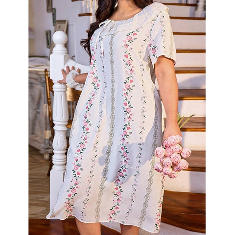 Camicia Da Notte Da Donna Casual Taglie Forti Con Stampa Floreale E Cuori Dolce Colletto Peter Pan In Pizzo Abito Da Notte Midi