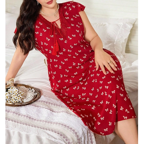 Damen Übergröße Nachthemd Mit Spitzenbesatz V-Ausschnitt Rot Schleifenmuster Ärmellos Loungewear Sommer Nachtwäsche