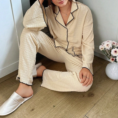 Γυναικείο Σετ Πιτζάμας Πλισέ Υφή Μακρυμάνικο Τοπ Και Μακρύ Παντελόνι Αντιθετικό Ρέλι Casual Ρούχα Σπιτιού Νυχτικά