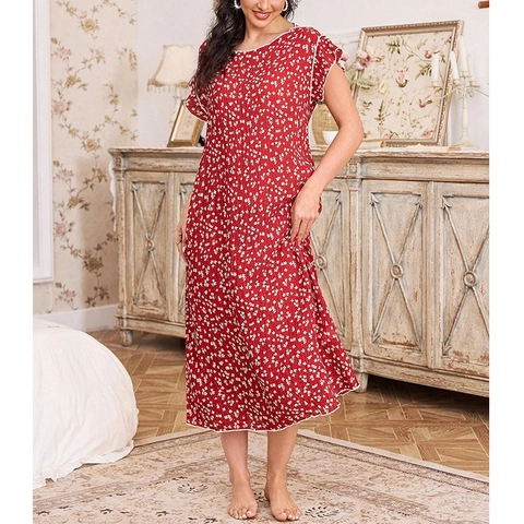 Chemise de Nuit Vintage Française Fleurie pour Femme Col Rond Manches Courtes Volants Robe de Maison Longue Confortable Rouge