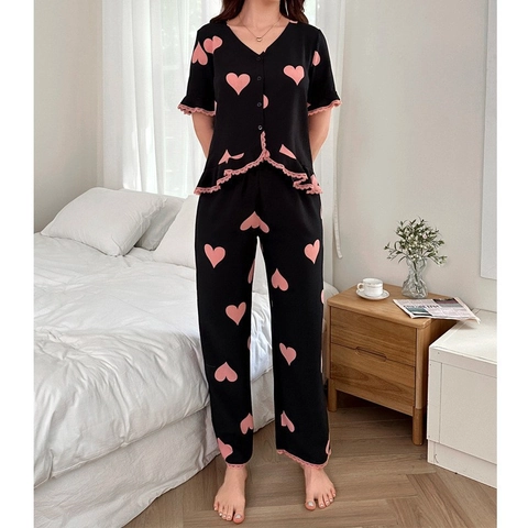 Dames Pyjama Met Hartjesprint Roze Kantafwerking Korte Mouw Cardigan Top En Lange Broek Loungewear Nachtmode Outfit