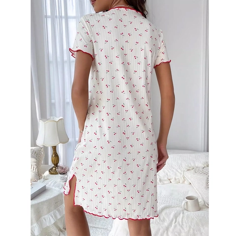 Camicia da Notte da Donna Con Stampa Ciliegia Girocollo Manica Corta Bordo a Volant Abito Homewear in Maglia a Costine Beige
