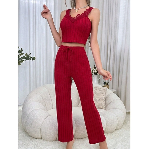 Women Sexy Lace V-Neck Camisole And Wide Leg Pants Loungewear Top And Pants Ribbed Knit Sleeveless Homewear Sleepwear Red
