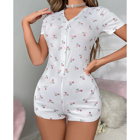Women Summer Floral Print Short Sleeve Romper V-Neck Button Ribbed Knit Slim Fit Loungewear Jumpsuit Playsuit