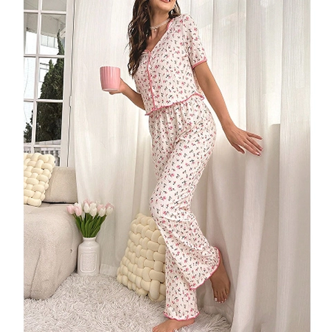 Damen Süß Floral Schlafanzug V-Ausschnitt Kurzarm Top Und Lange Hose Wellenkante Homewear Baumwollmischung Weiche Nachtwäsche