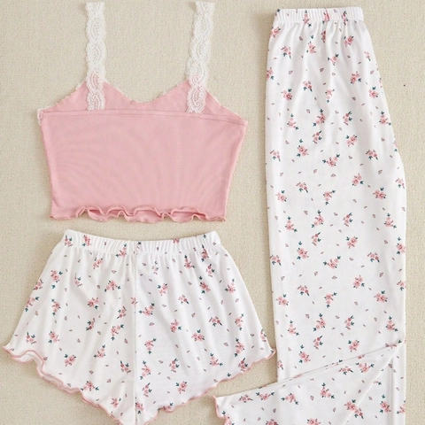 Pigiama da Donna Con Canotta a Fiori E Pantaloncini E Pantaloni Lunghi a Coste Con Pizzo Comodo Abbigliamento da Casa
