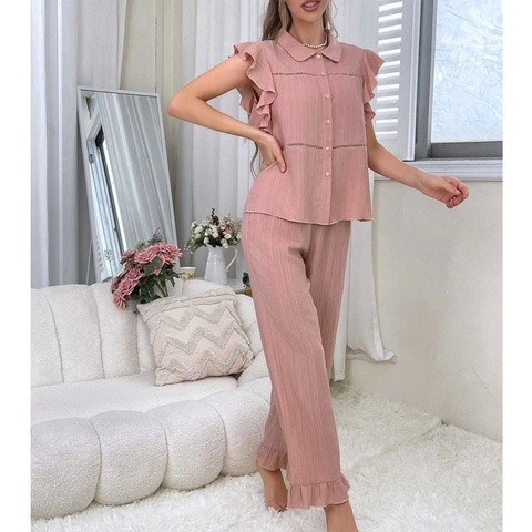 Conjunto de Pijama para Mujer Rosa Solapa Botones Top Manga Corta Y Pantalón Largo Lounge Home Ropa Plisada
