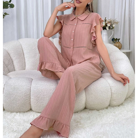 Conjunto de Pijama para Mujer Rosa Solapa Botones Top Manga Corta Y Pantalón Largo Lounge Home Ropa Plisada